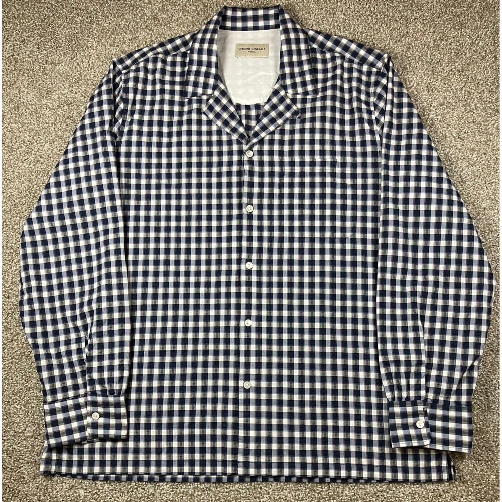 Officine Generale Navy Gingham Camp Loop Collar Textured Cotton Button Shirt XL